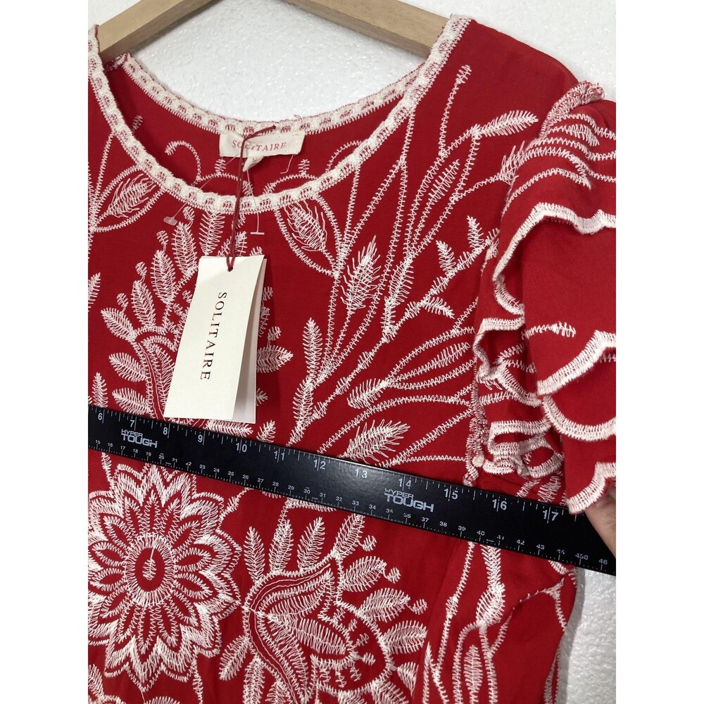 Solitaire Blouse Womens Medium Red Floral Embroidered Ruffle Flutter Top Boho - Picture 7 of 16
